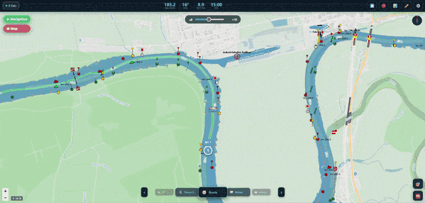 BoatOS 3D chart view — route simulation with 3D navigation marks